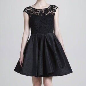 Marchesa Lace Illusion Fit & Flare Tafetta Mini Dress in Black $595